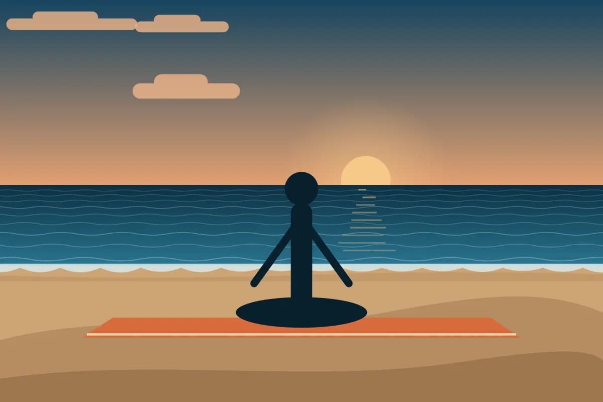 Illustration d’une posture de méditation assise au coucher du soleil sur le rivage