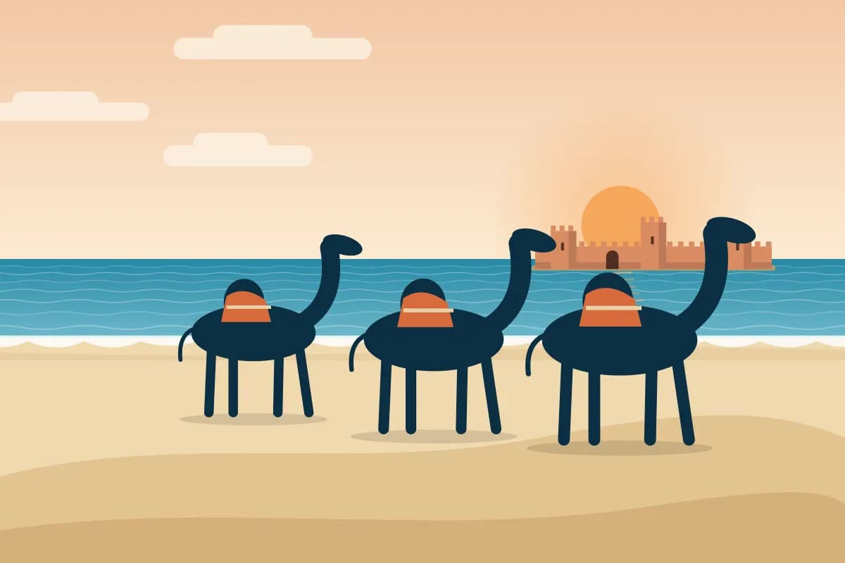 Illustration of a camel caravan on a dune at sunrise