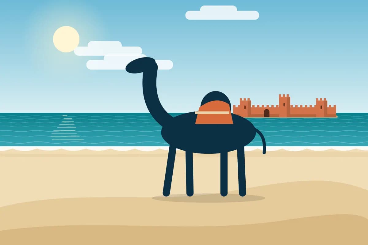 Illustration of a camel resting on the sand beside the sea