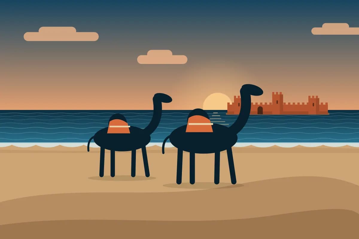 Illustration of camels silhouetted against a golden evening sky