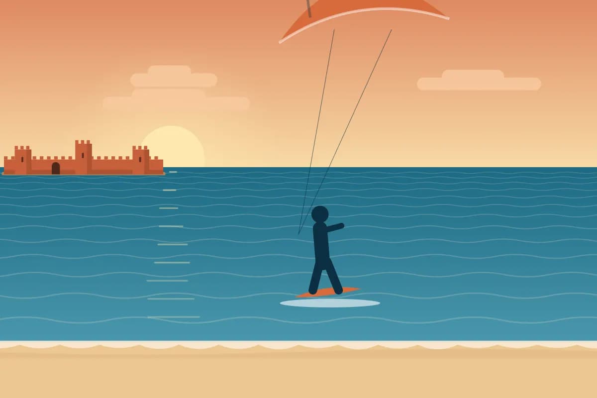 Illustration of a kite arching over a kitesurfer on choppy water