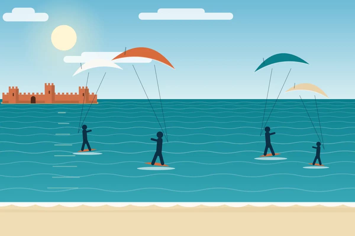 Illustration of several kites above the bay at midday