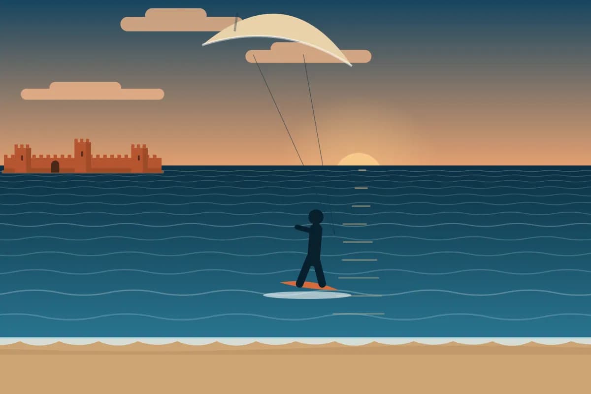 Illustration of a kitesurfer riding into a golden evening