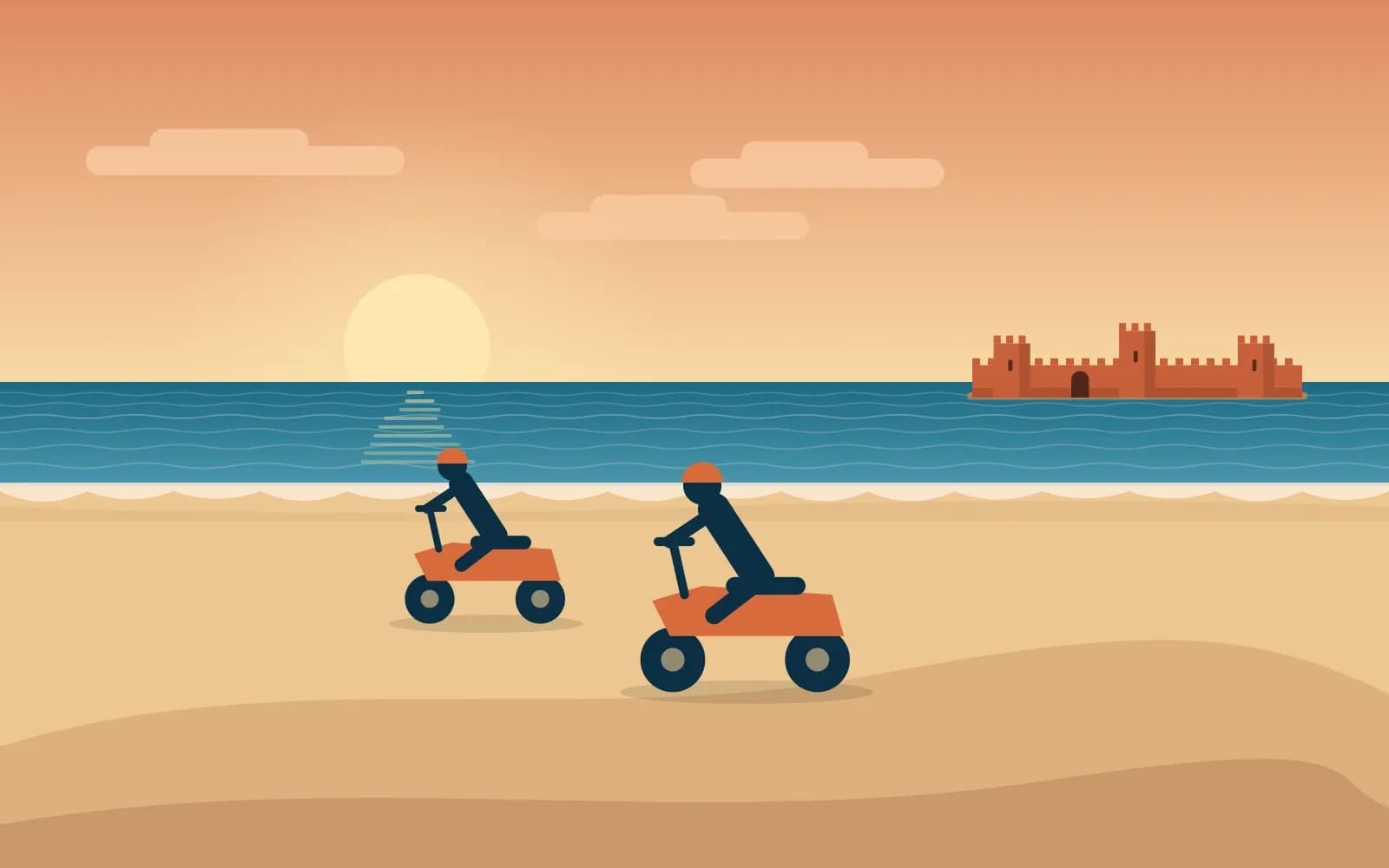 Illustration de deux quads traversant des dunes dorées près de la côte atlantique à Essaouira