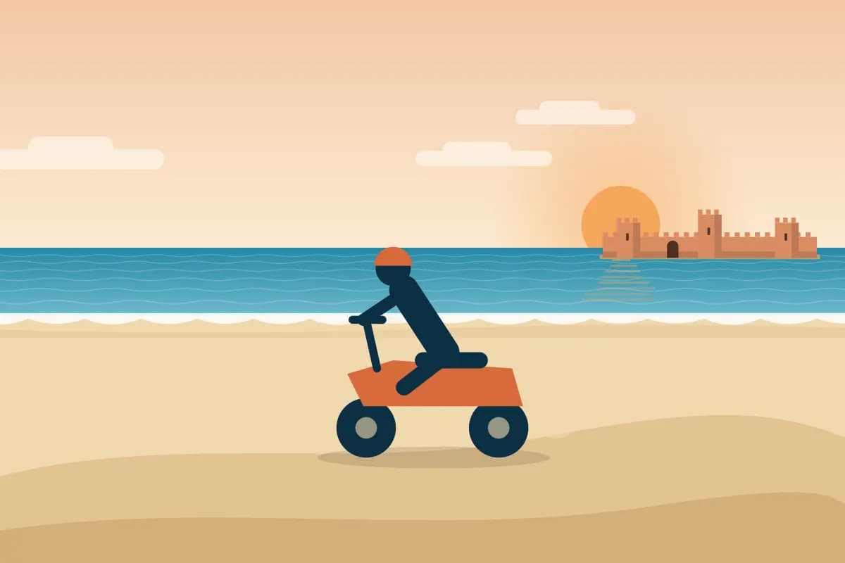 Illustration of a quad bike raising dust on a sandy trail at sunrise