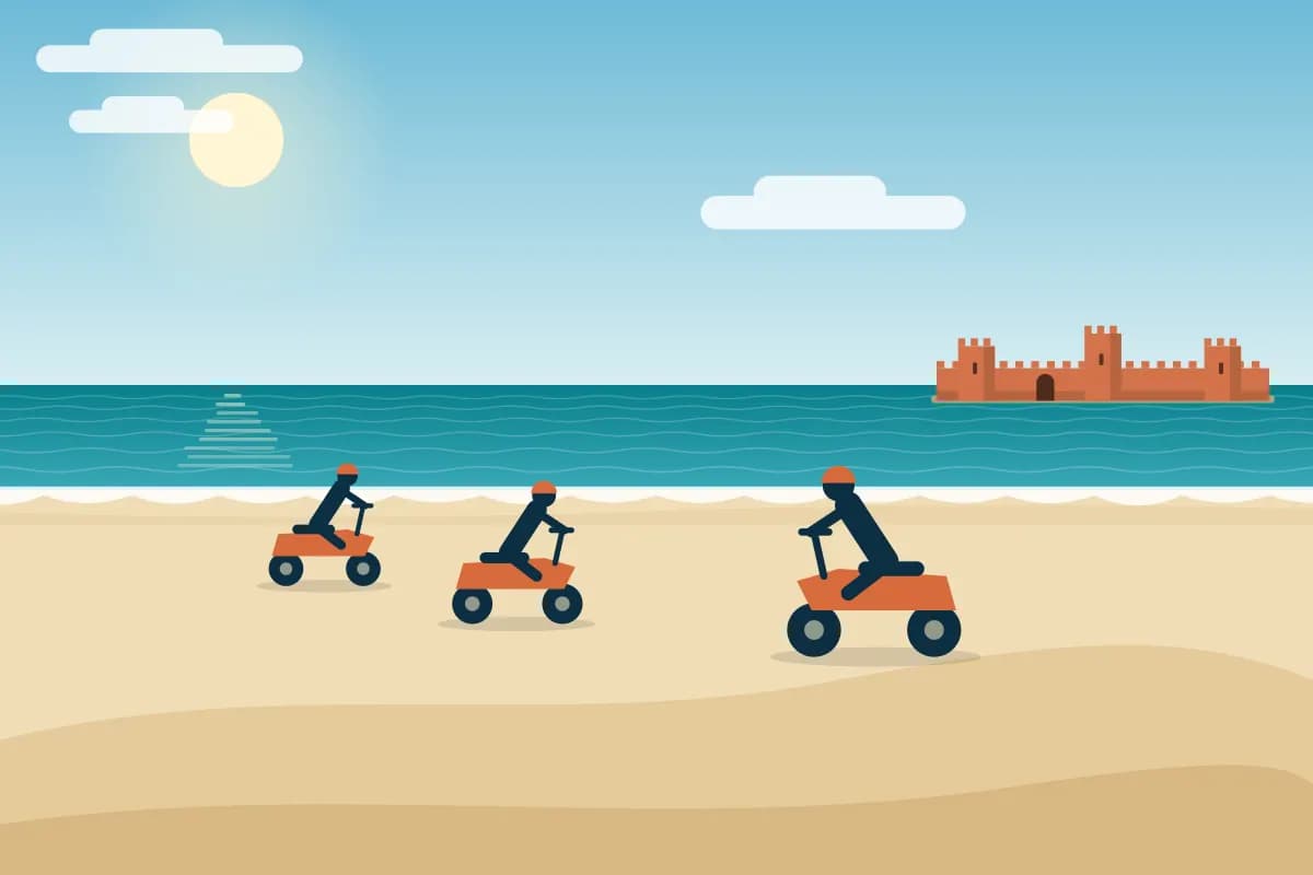 Illustration of quad riders on a dune ridge above the Atlantic