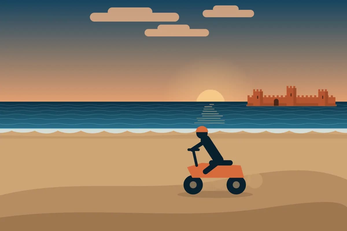 Illustration of a quad bike close to the shoreline at dusk