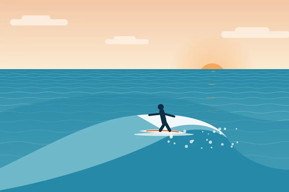 Illustration of a surfer paddling out at sunrise
