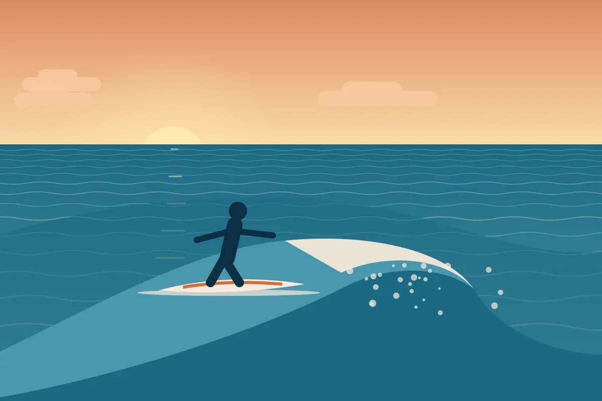 Illustration of a wave curling near the beach with a surfer