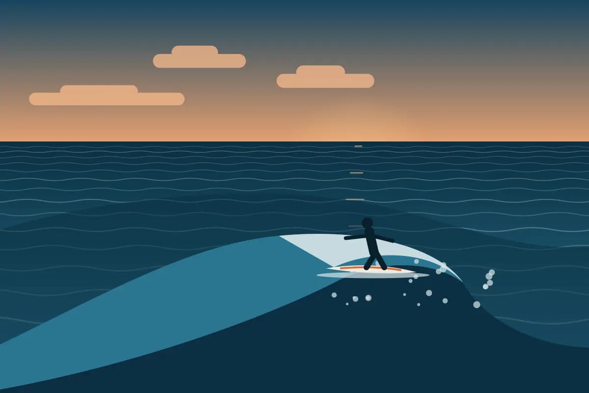 Illustration of surfboards standing on the sand at dusk