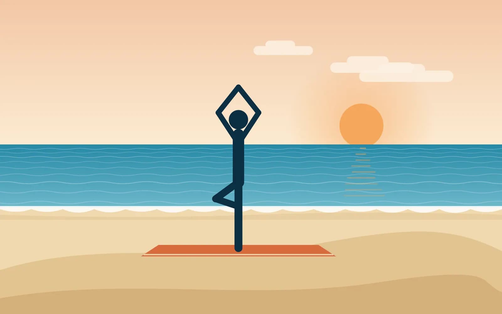 Illustration d’une personne en posture de yoga sur un tapis, sur la plage d’Essaouira au lever du soleil
