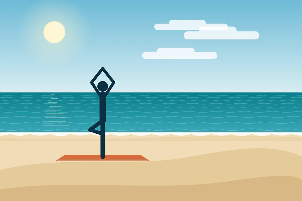 Illustration d’une posture de yoga debout avec la mer et le ciel en arrière-plan