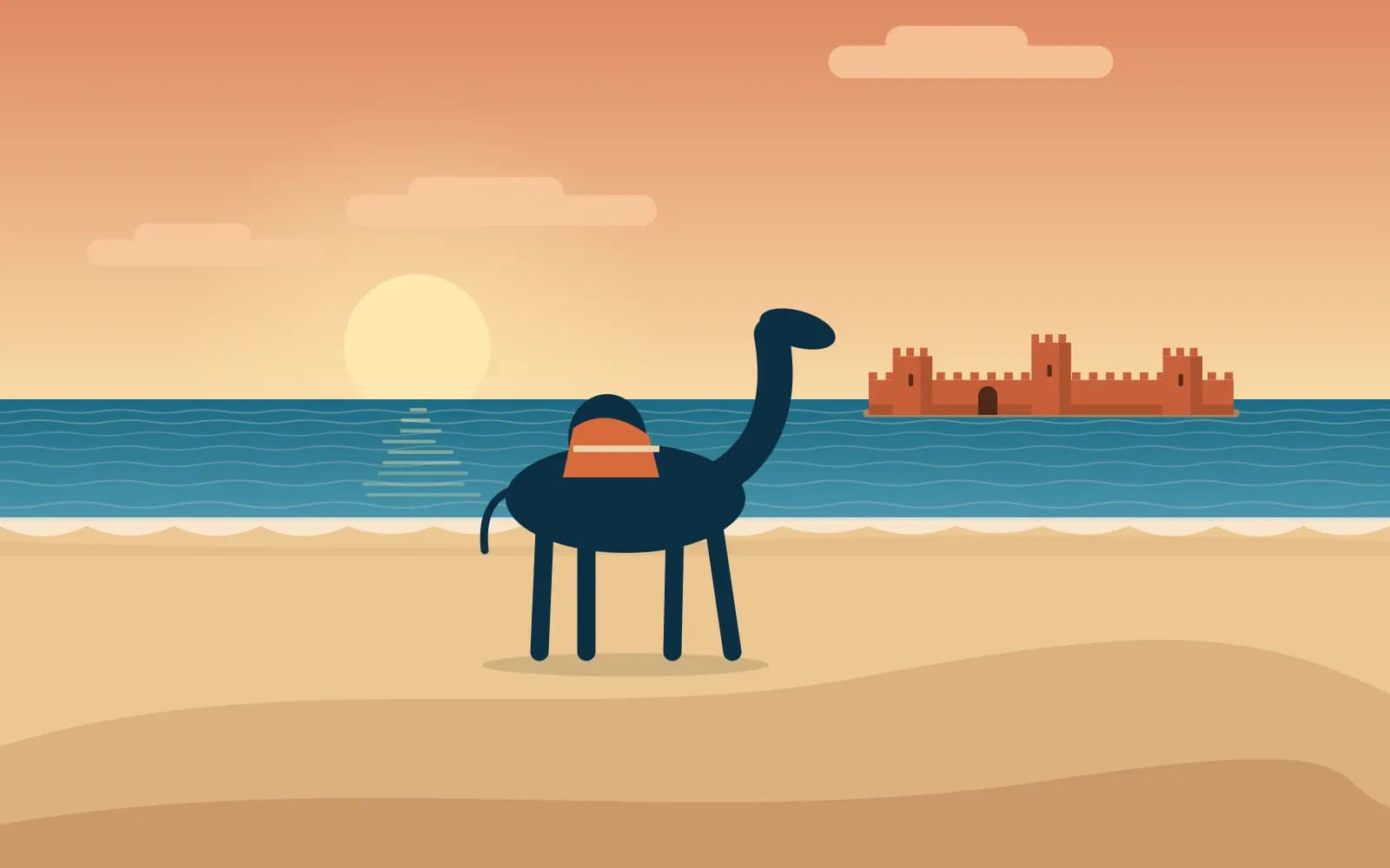 Illustration d’un chameau marchant sur des dunes de sable, avec l’Atlantique derrière lui près d’Essaouira