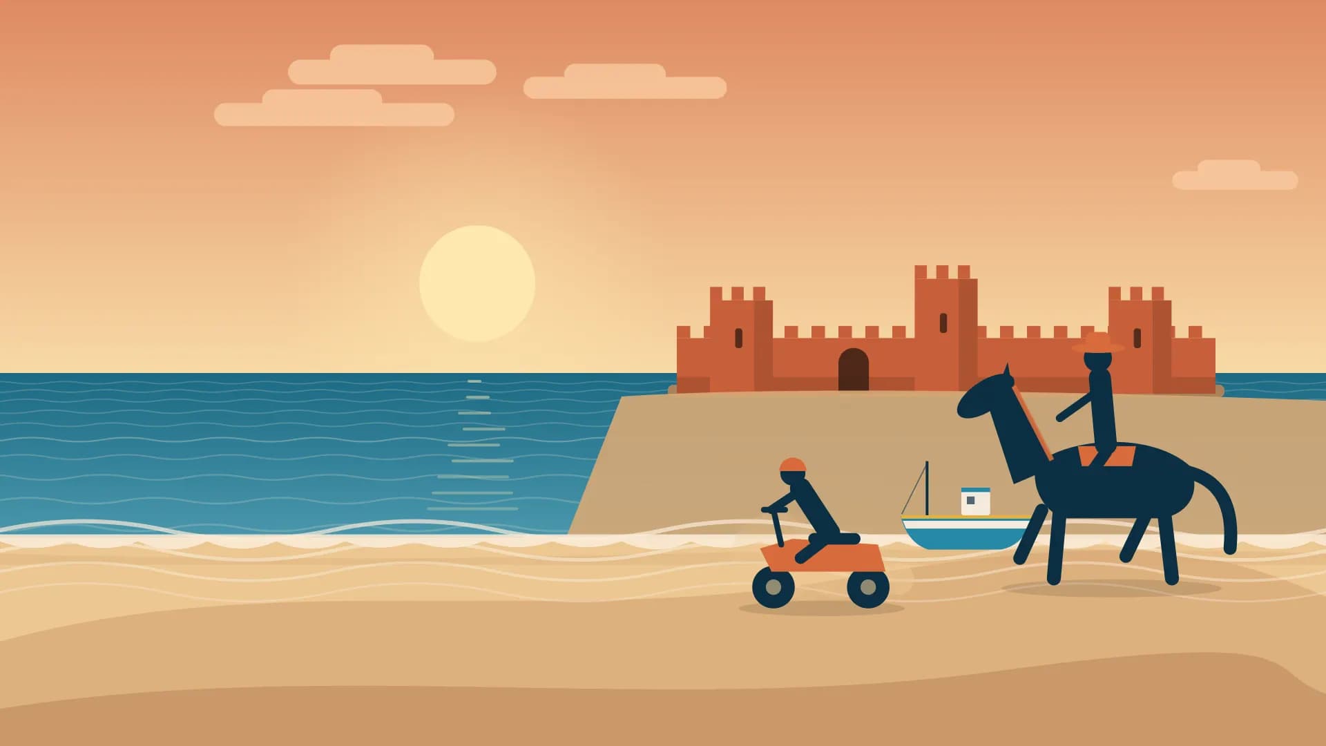 Illustration d’un quad et d’un cavalier sur la plage, au pied des remparts d’Essaouira au coucher du soleil