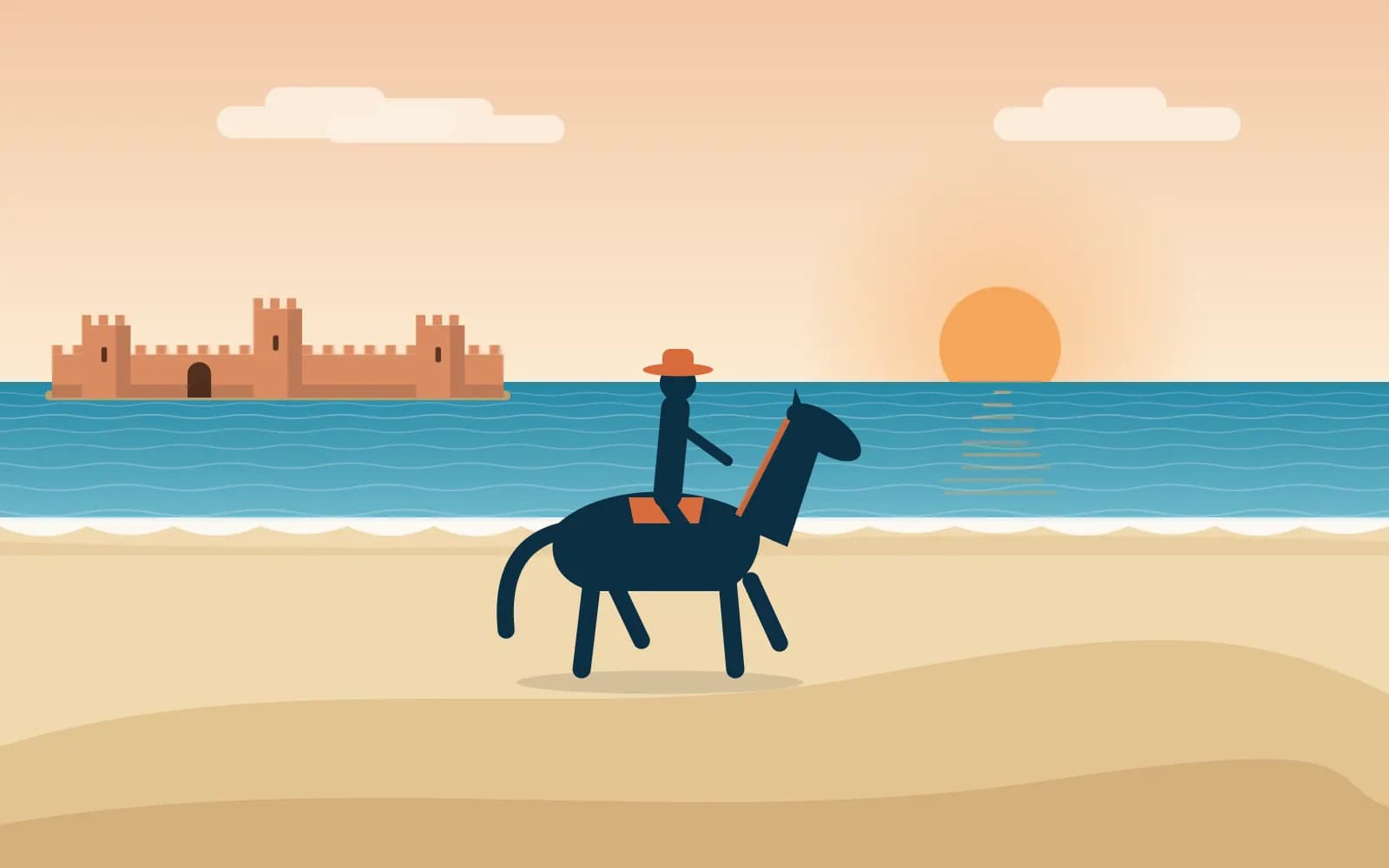 Illustration d’un cavalier au pas le long du rivage d’Essaouira