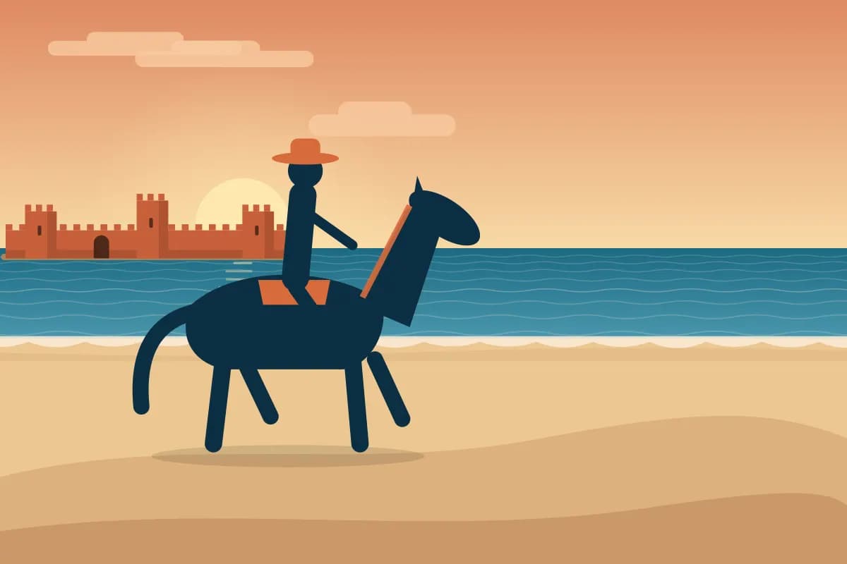 Illustration d’un cheval et de son cavalier sur la plage au lever du soleil
