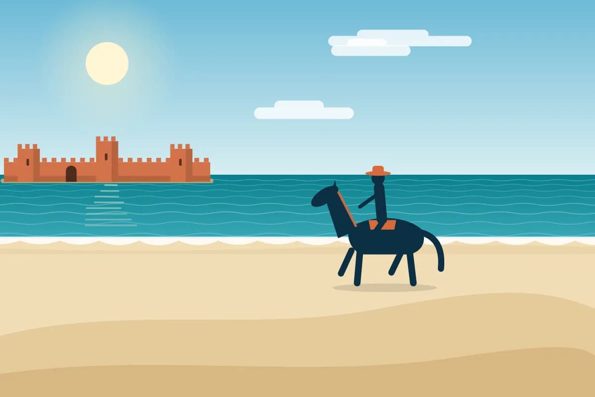 Illustration d’une balade à cheval le long de la ligne d’eau, avec les remparts au loin