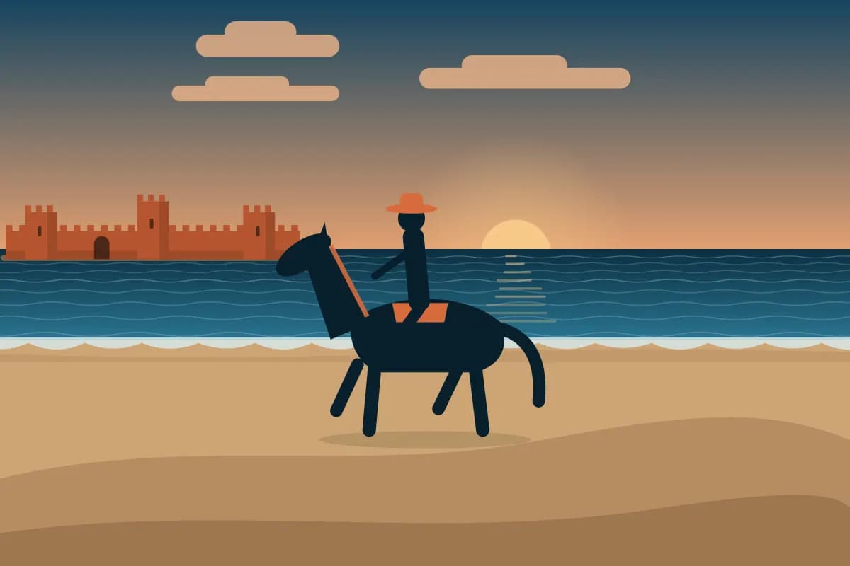 Illustration d’un cheval traversant la campagne sablonneuse à la lumière dorée