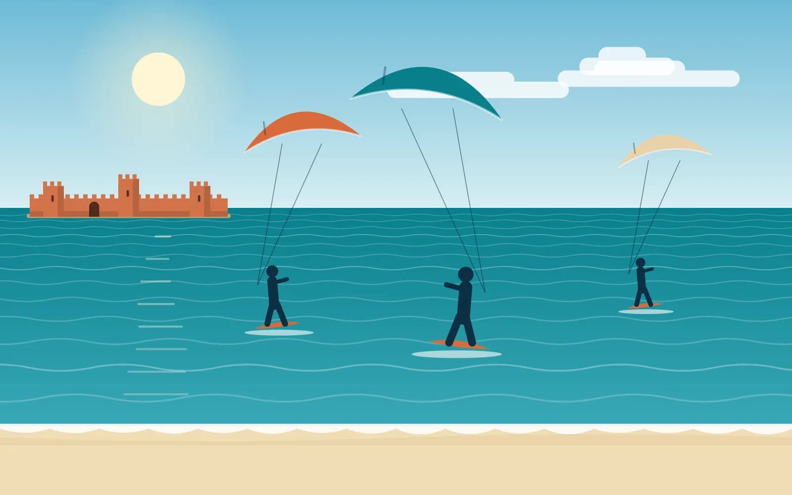 Illustration de kitesurfeurs aux ailes colorées sur l’Atlantique venté d’Essaouira