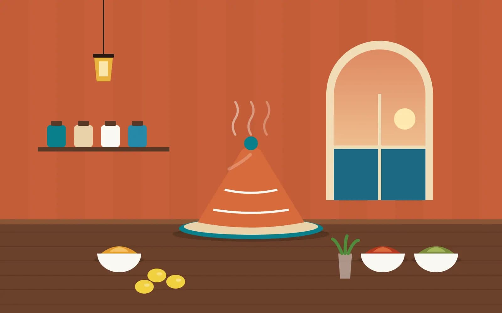 Illustration d’un tajine, d’épices et de citrons sur une table dans une cuisine aux tons terre cuite