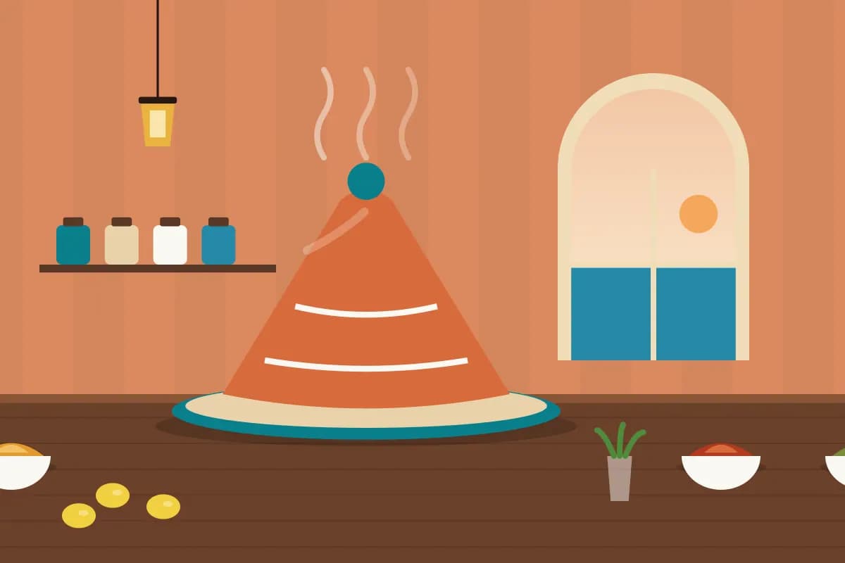 Illustration of a tagine pot with steam rising on a wooden table