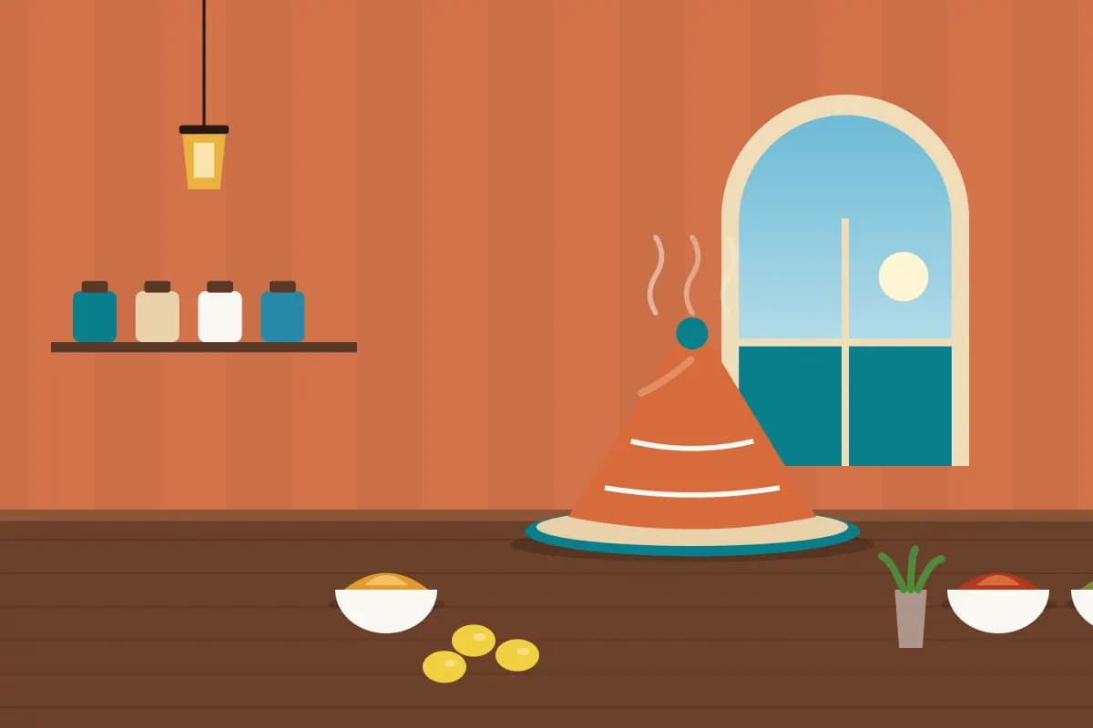 Illustration of bowls of spices, lemons and olives