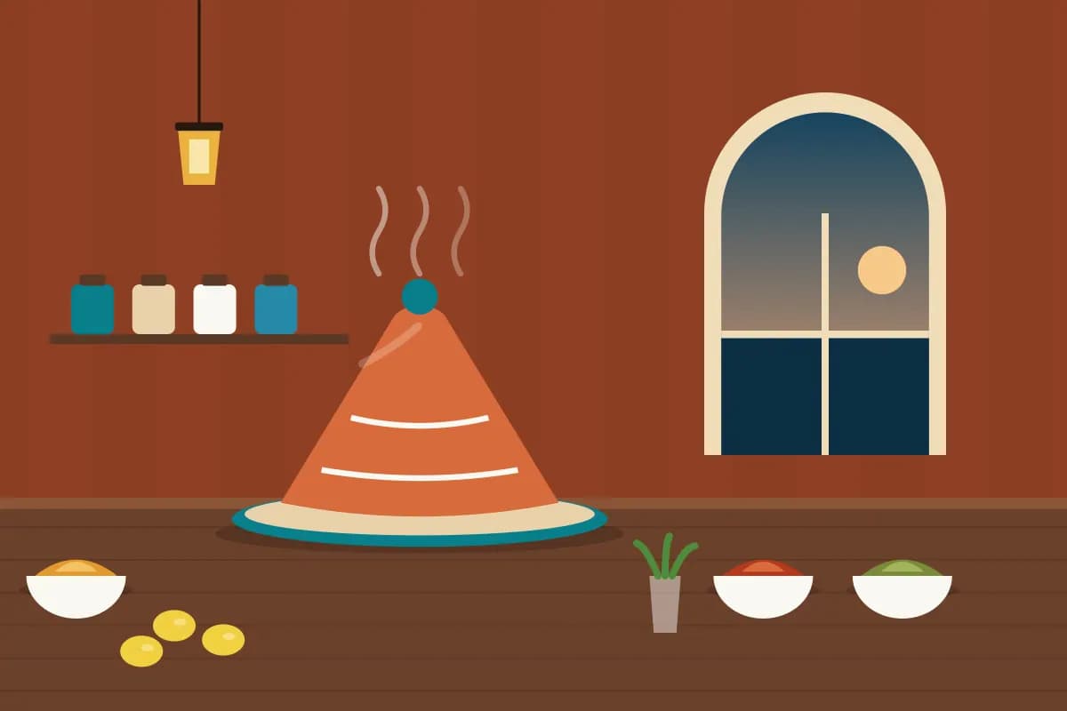 Illustration of a kitchen doorway with terracotta walls and a lantern